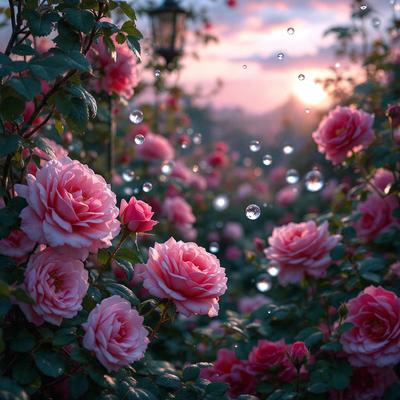 The primary subject of the image is a beautiful garden filled with pink flowers. The setting is a lush, green field with a variety of pink flowers scattered throughout. The visual style of the image is a photo, capturing the vibrant colors and details of the flowers. The colors and mood of the image are predominantly pink, creating a serene and peaceful atmosphere.